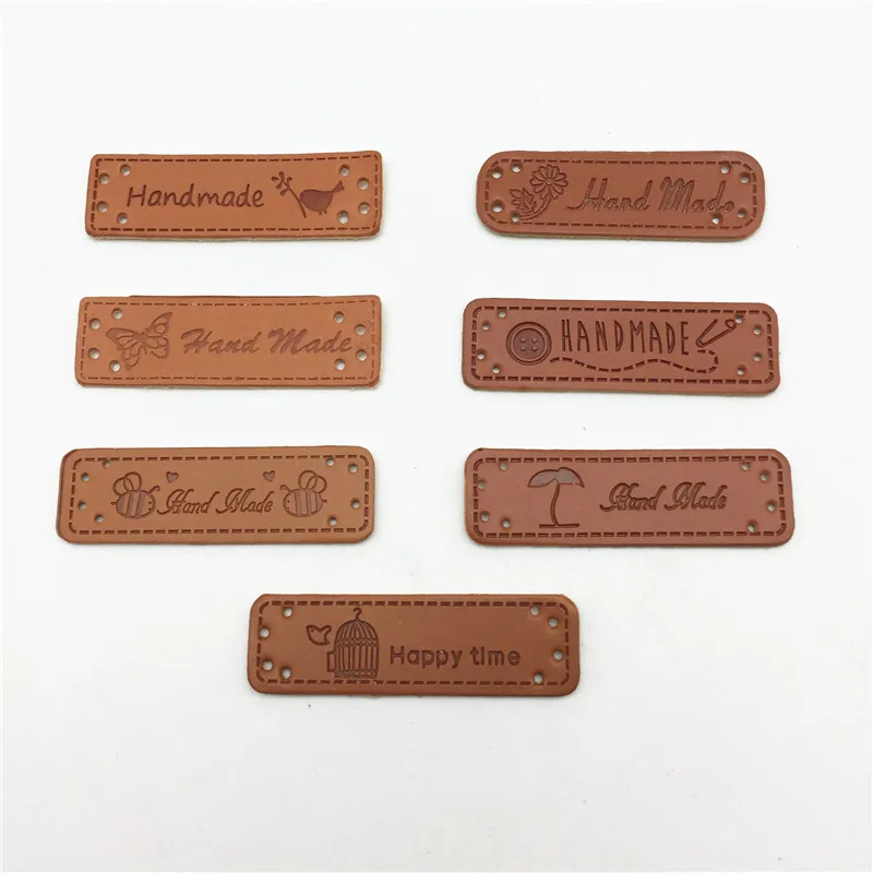 

10pcs PU Leather "Handmade/Happy time" Garment Labels Embossed Rectangle Tags Patch DIY Sewing Accessories 50x15mm