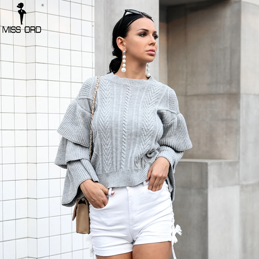 

Missord 2019 Autumn&Winter O Neck Ruffle Swearter Solid Color Sweater TB0036