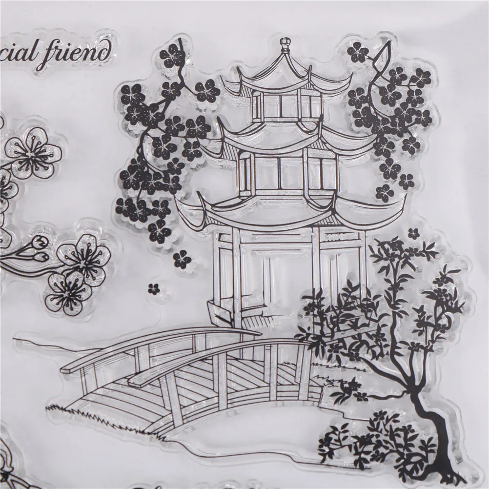 

1PC Alphabet Clear Rubber Stamp Transparent Clear Silicone Stamps Pavilion and tree for DIY Scrapbooking Card Making 14*18CM