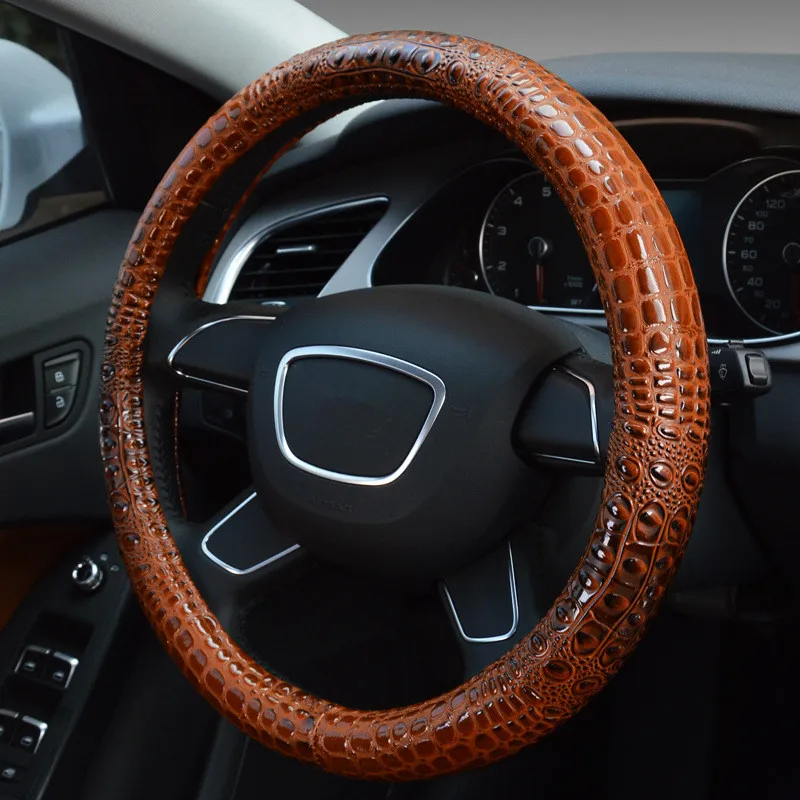 Crocodile Pattern Leather Car Steering Wheel Cover Case 38cm Unviersal Steering Cover for Audi BMW Hyundai Ford Volkswagan Crocodile Pattern Leather Car Steering Wheel Cover Case 38cm Unviersal Steering Cover for Audi BMW Hyundai Ford Volkswagan