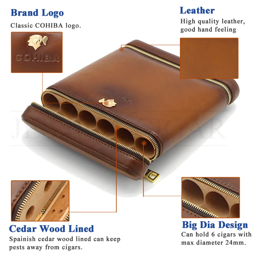  COHIBA Cedar Wood Travel Humidor Cigar Leather Case Portable 6 Tubes W/ Cigar Humidifier Cigar Humi