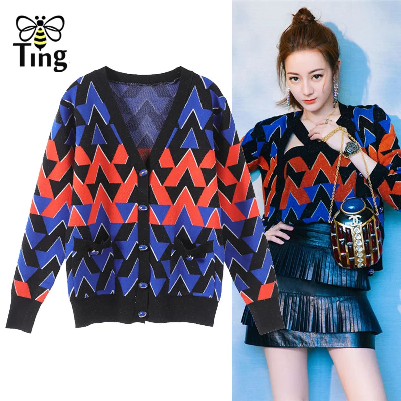 

Tingfly Autumn Winter New Arrivals Geometric Diamond Plaid Knit Sweater Casual Single Breasted Button Knitting Cardigan Fashion