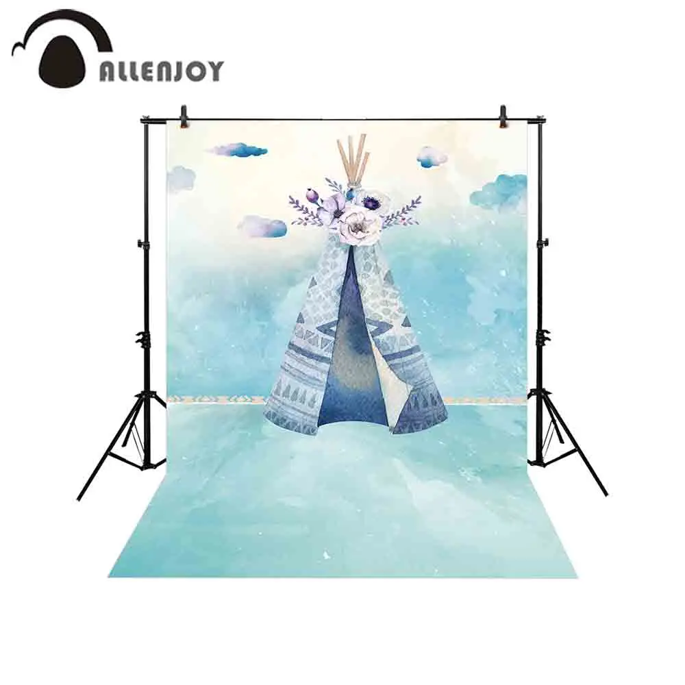 Allenjoy backdrop photophone blue tent Watercolor painting cloud flowers kinder child baby shower photo background photocall