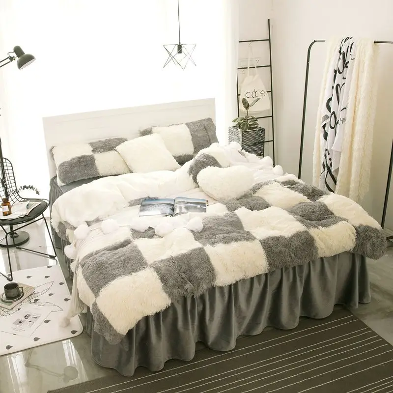 

Gray White Pink Purple Lattice Mink Velvet Bedding Set Soft Berber Fleece Duvet Cover Flannel Bed Sheet Bed Skirt Pillowcases
