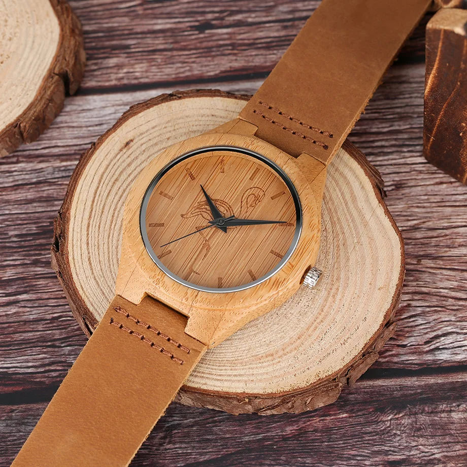 High Quality Men Wood Watch Natural Bamboo Wooden Handamde Lighweight Quartz Wristwatch CatDog Pattern Cute Animal Clock (11)