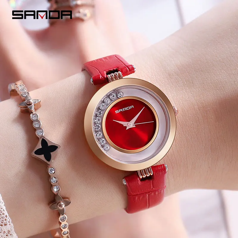 

Reloj Mujer Dazzling Diamond Rotation Dynamic Ladies Watch Alloy Case Women Watches Leather Band Quartz Female Watch Waterproof