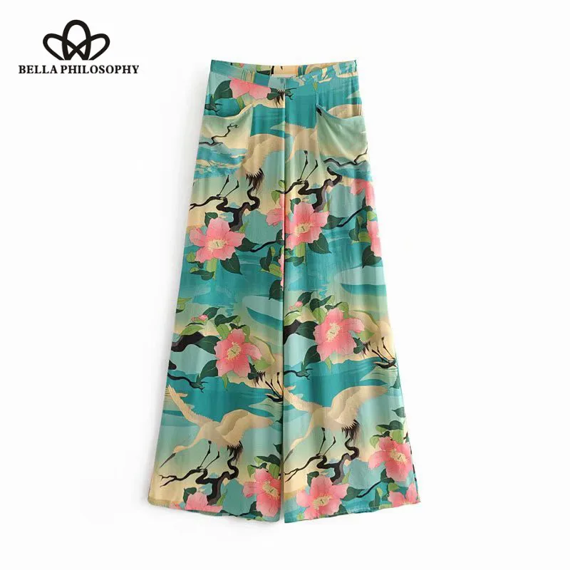 Wonder 2018 new Boho Chic Summer Vintage Floral Crane Print Wide Leg Pants Side Zipper Pockets Lady Trousers Pantalones Femme