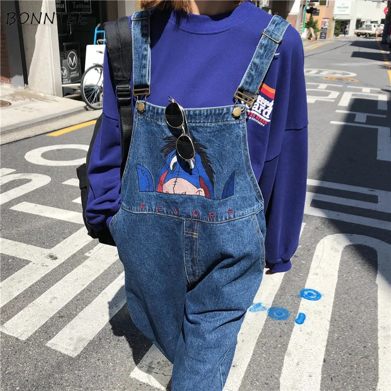 Женские комбинезоны Kawaii С мультяшной вышивкой, простые повседневные трендовые джинсовые брюки на лямках, высокое качество, женские элегантные штаны в Корейском стиле