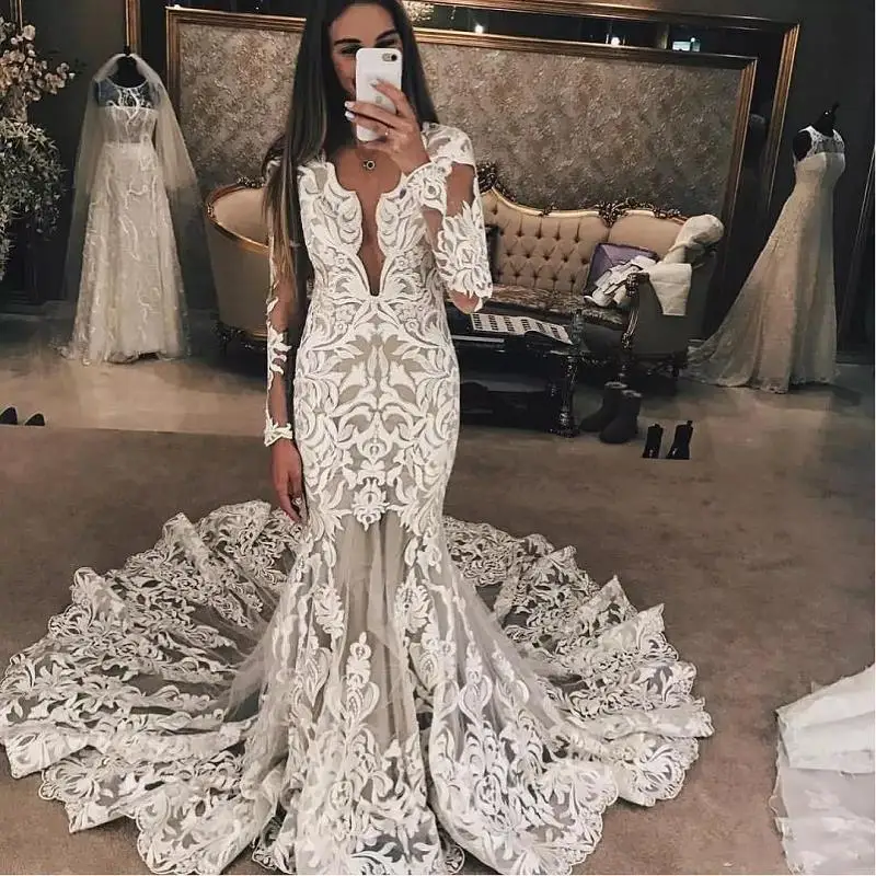 

Elegant Luxury Lace Wedding Dresses 2019 robe de mariee Long Sleeve Mermaid Wedding Gowns Deep V Neck Sweep Train Bride Dress