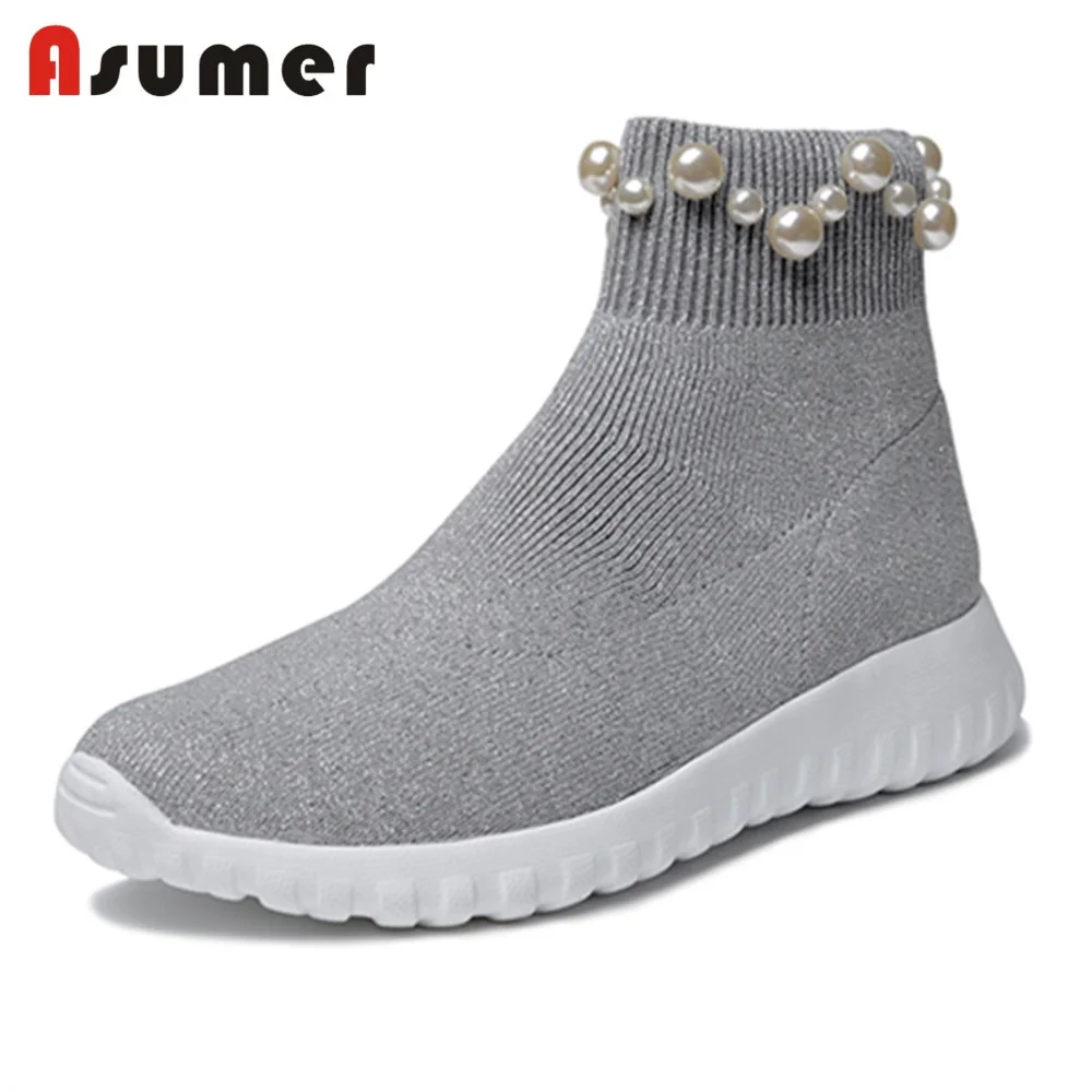 Женские вязаные полусапожки ASUMER на плоской платформе с круглым носком без