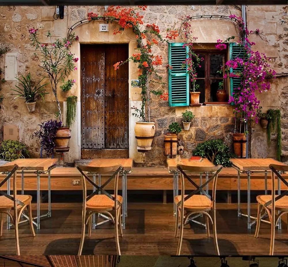 

Free shipping custom wallpapers Mediterranean Street Street View TV Background Wall delicacy cuisine theme buffet