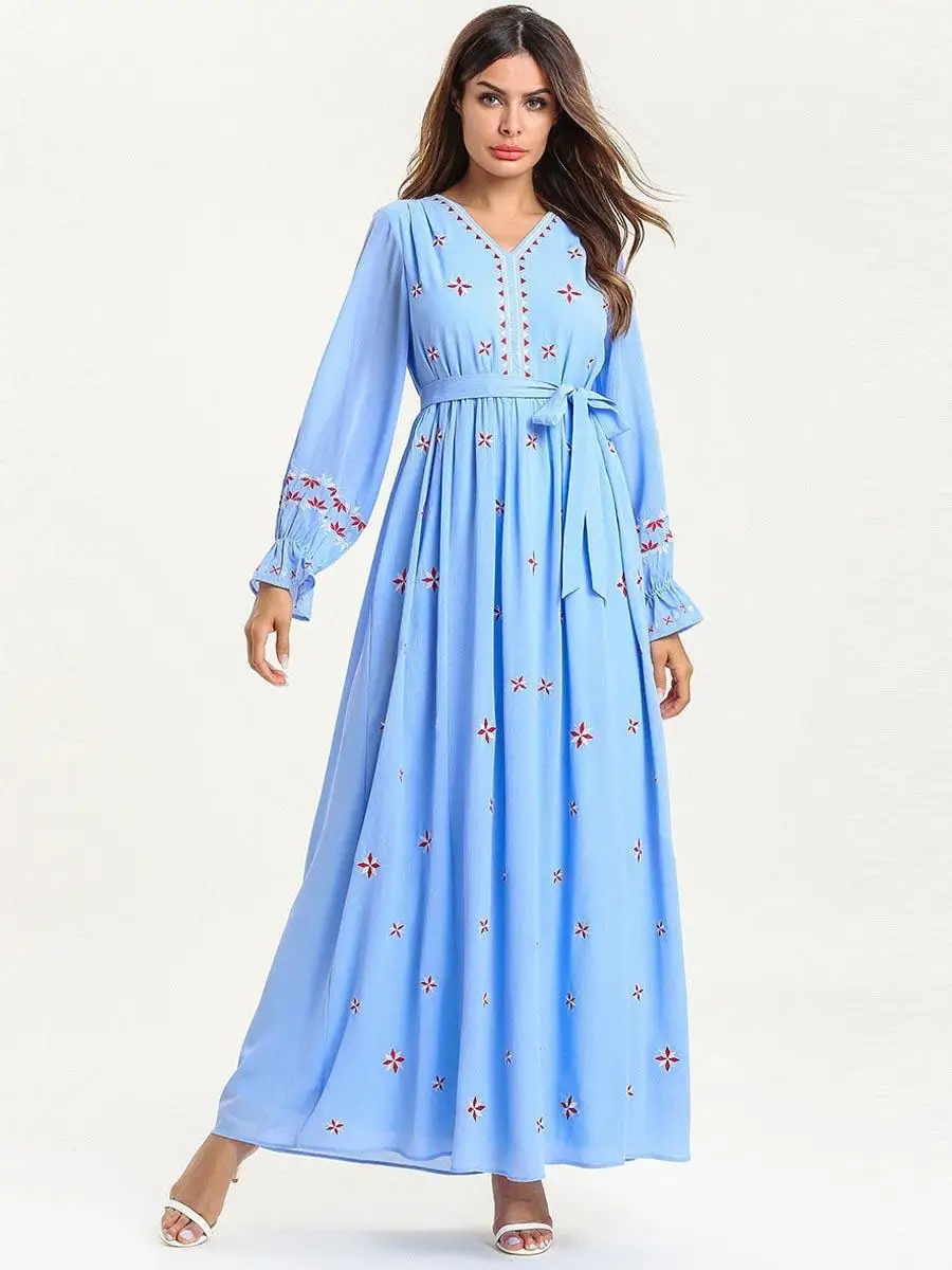 Мода вышивка длинное платье Абая для мусульманских женщин Дубай вечерние халат платье-Кафтан v-образным вырезом Малайзии Оман Катар платья