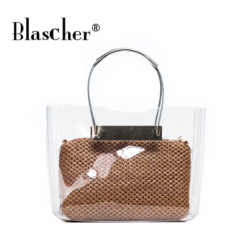 Blascher Casual Straw Dual Use Women leather PVC Handbags Transparent Clutch Bag Fashion ...