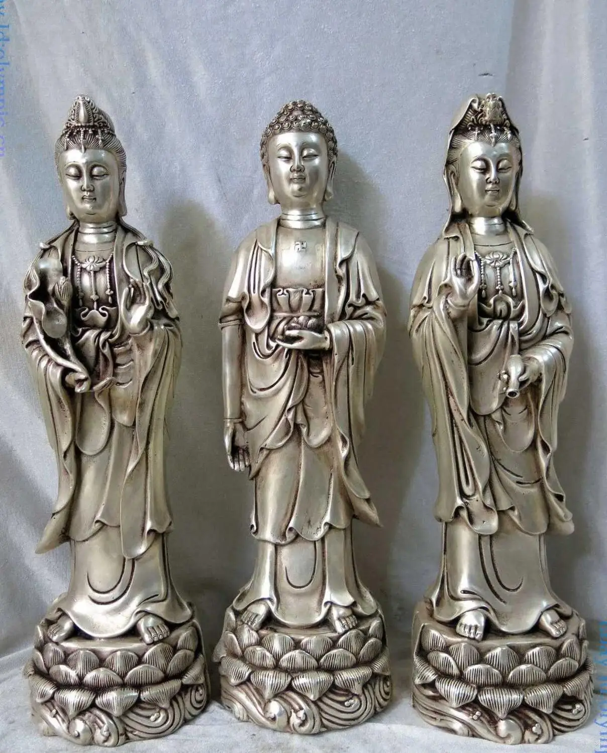 

Fine Silver China Three Western Saints Amitabha Guanyin Dashizhi Buddha Statue