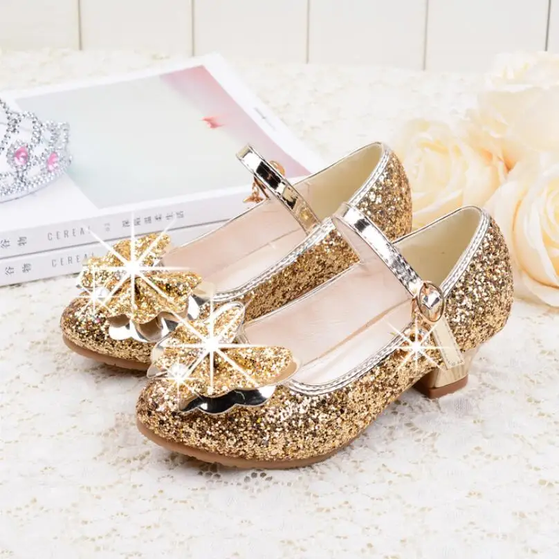 

Princess Kids Leather Shoes For Girls Flower Casual Glitter Children High Heel Girls Shoes Butterfly Knot Pink