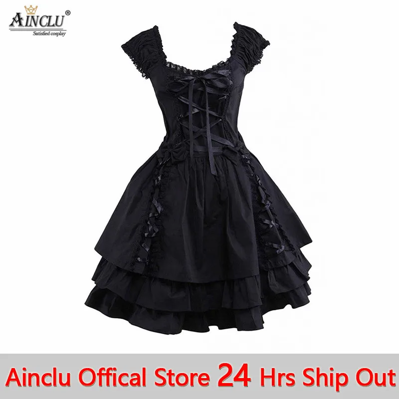 

Ainclu New Womens Classic Lolita Dresses Hot Black Gothic Cotton Short Sleeves Layered Lace-Up Party Halloween Cosplay Costumes