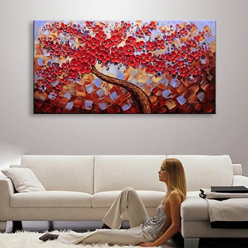 

Gifts Modern Knife Red Floral Painting on Canvas Hand Painted Abstract Bloom Flower Oil Paintings Large Home Decor Art Pictures
