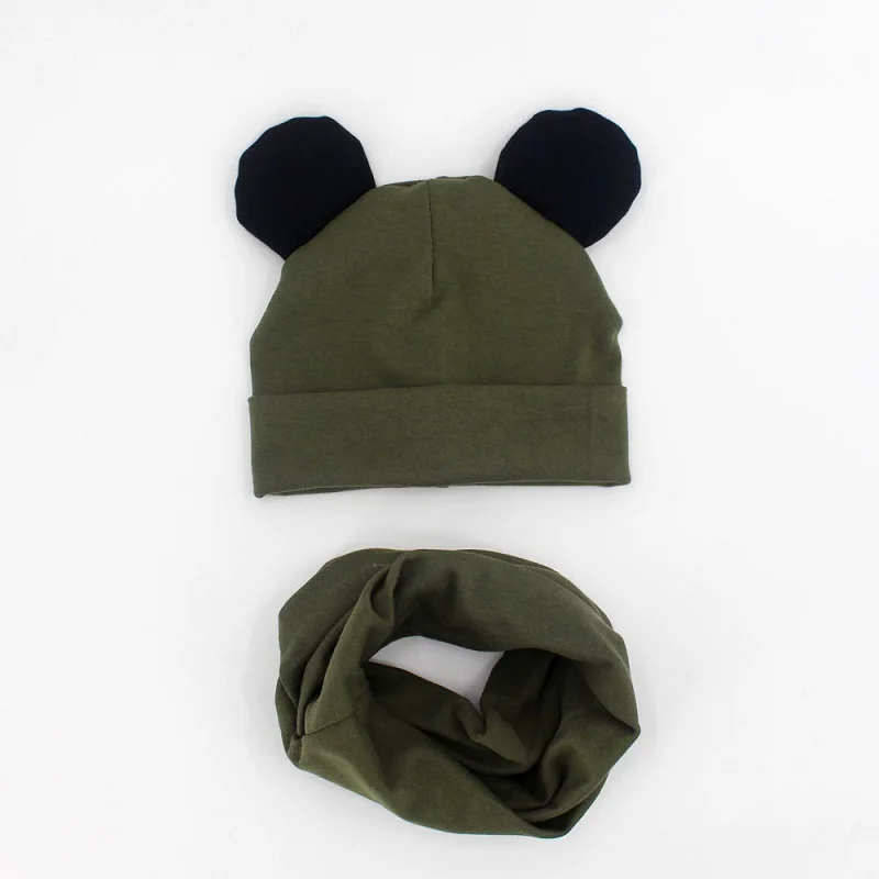 Baby Hat Cotton Ear Cap For Boys And Girls Winter Hat Scarf Set Children Boys Cap Scarf 2PCS - Цвет: militray green black