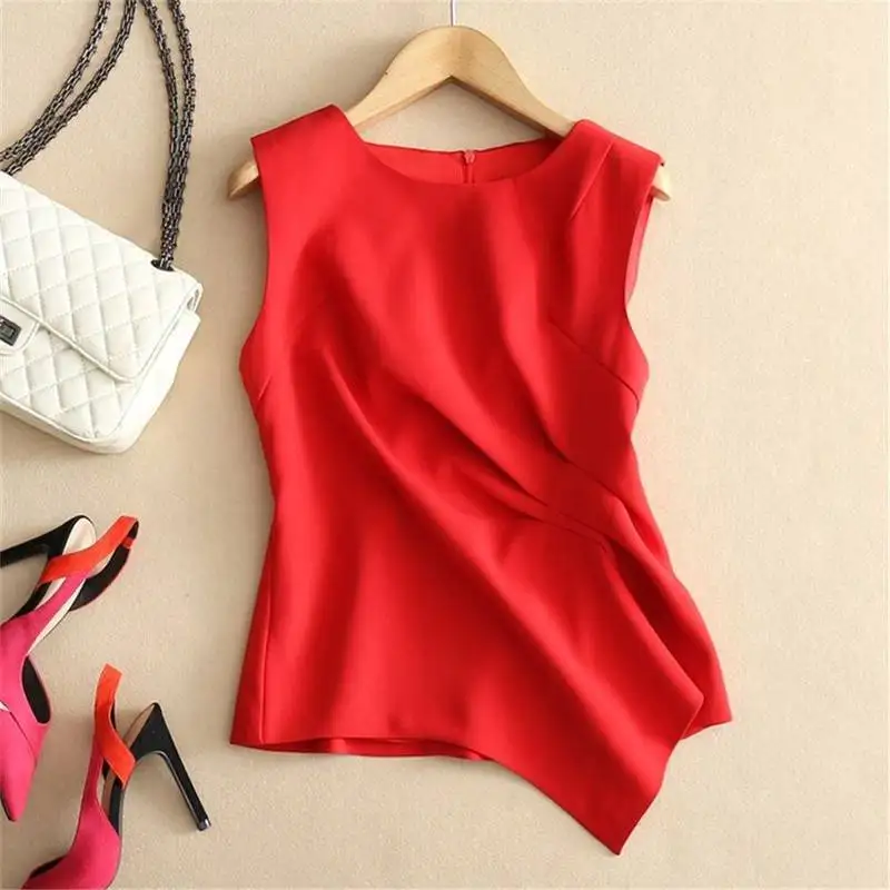 Woherb однотонные летние женские топы без рукавов шифоновая блузка Новая мода белые черные красные плиссированные Рубашки Элегантные корейские Блузы - Цвет: red blouse