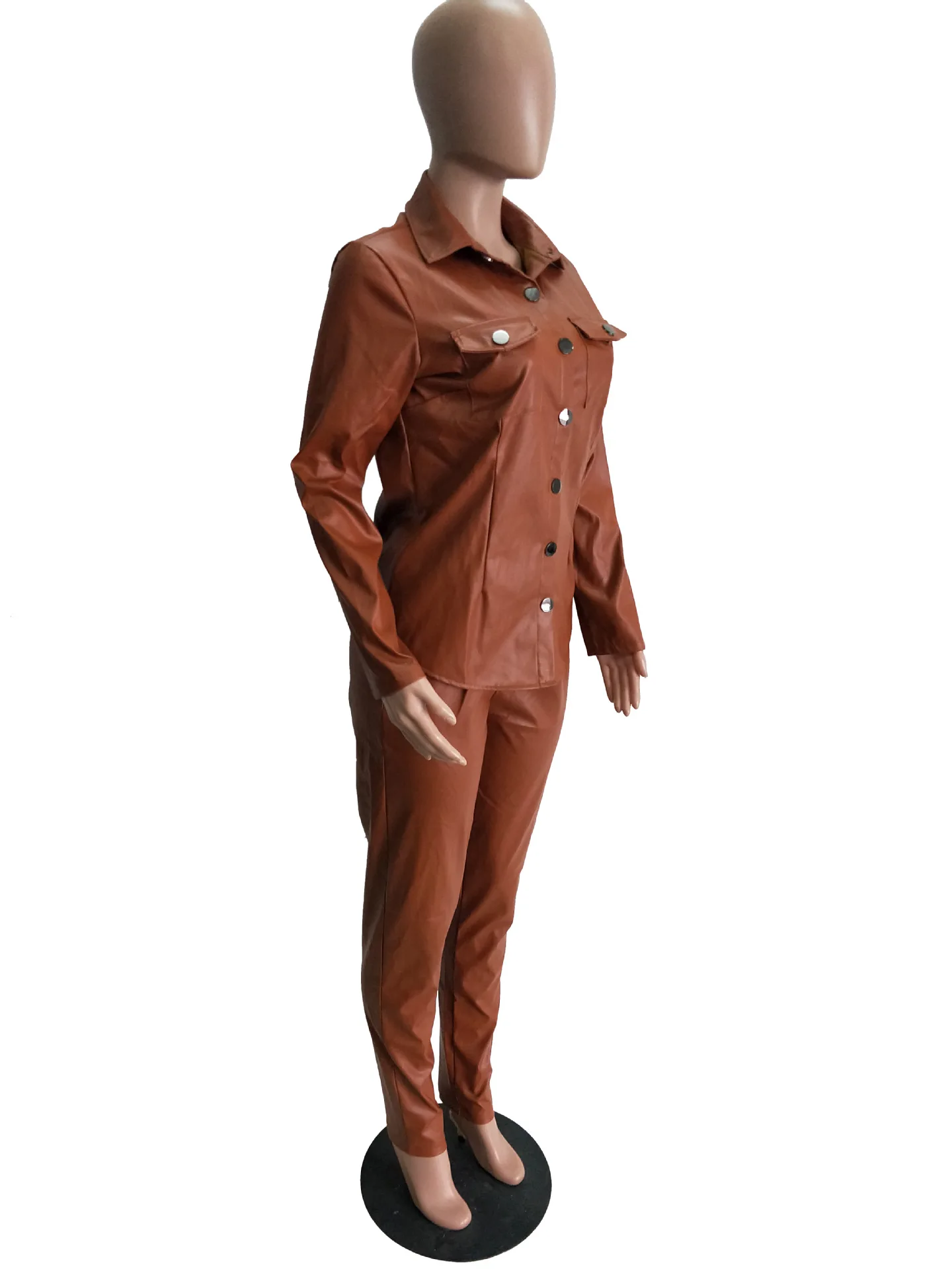 Высокое качество, сексуальный однотонный комплект из двух предметов, кожзам, куртка для женщин, отложной воротник, карманы, длинная куртка, топ и брюки-карандаш, наряды