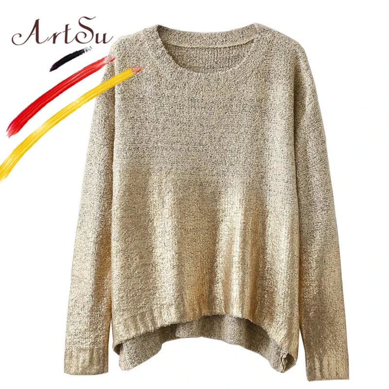 

ArtSu Winter Long Sleeve Wool Sweater Pullovers Fashion Basic Women Outwear Jumper Loose Patchwork Sweaters Gold Color ASSW20035
