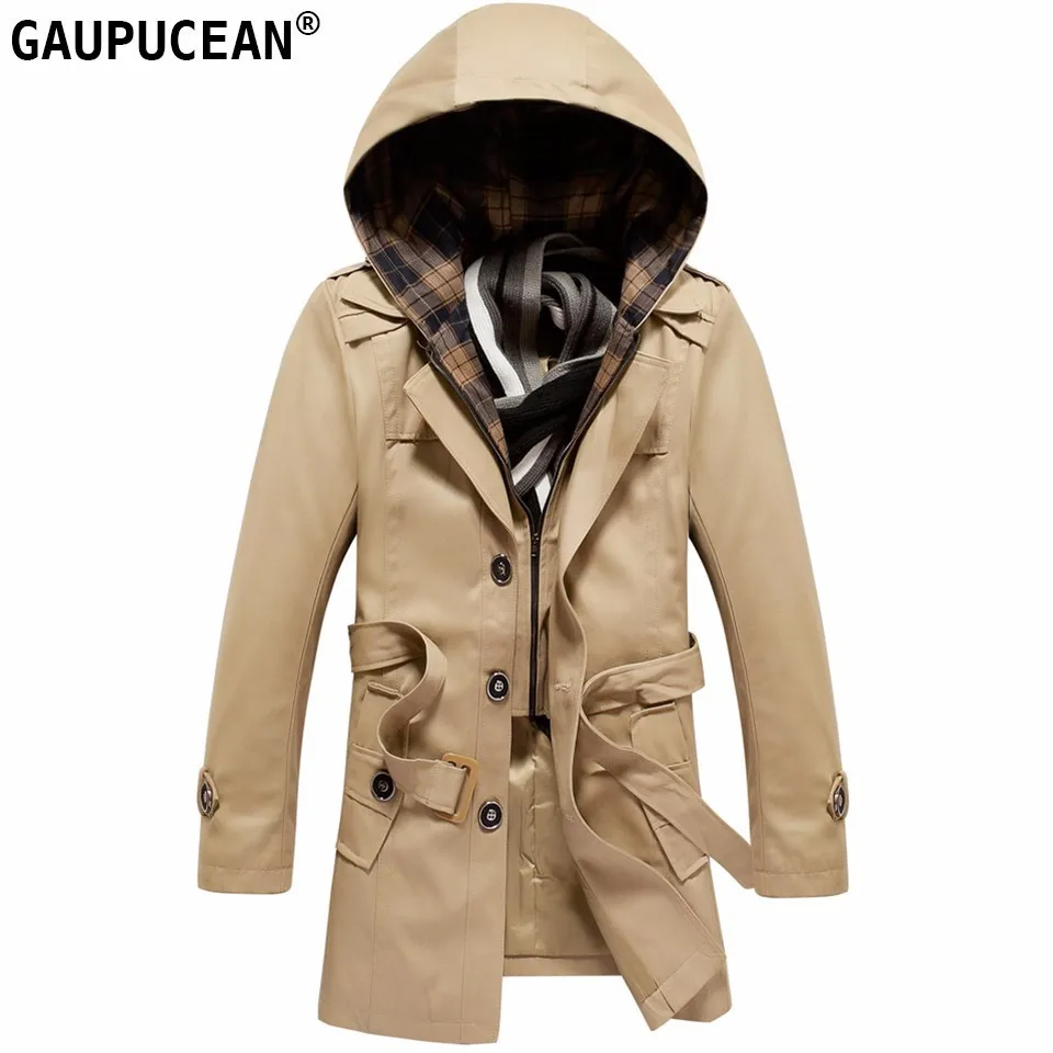 100% Cotton Man Trench Hat Detachable Male Coat Hooded Single Breasted ...