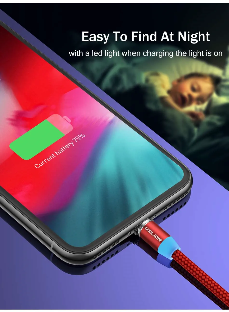 USLION 1 м светодиодный магнитный кабель, кабель Micro USB и кабель Тип usb C кабель USB кабель с нейлоновой оплеткой Тип-C магнитное зарядное