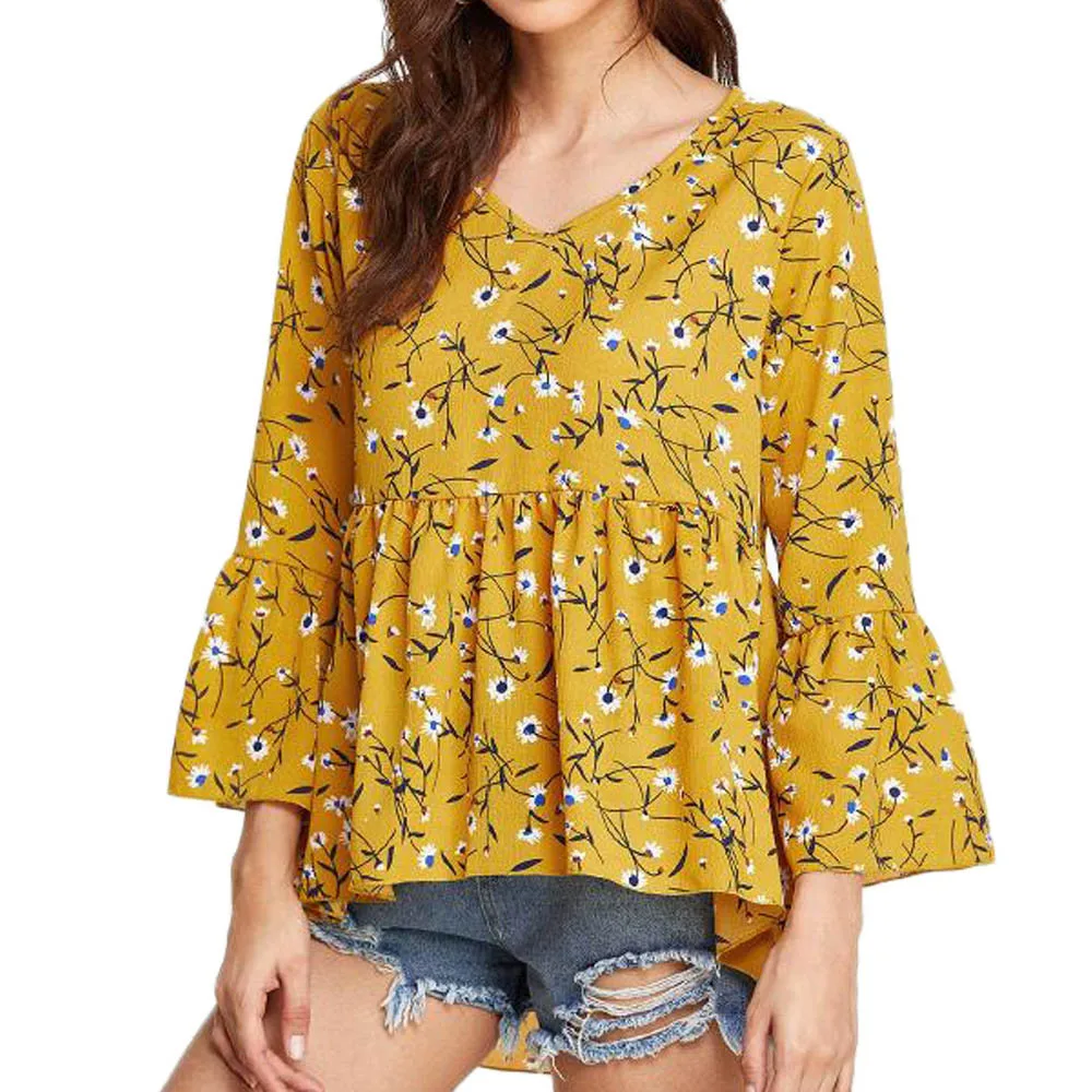 

Blouses Spring Summer 2019 Womens Tops And Blouses Three Quarter Flare Sleeve Floral Print Casual Streetwear Blusas Femininas