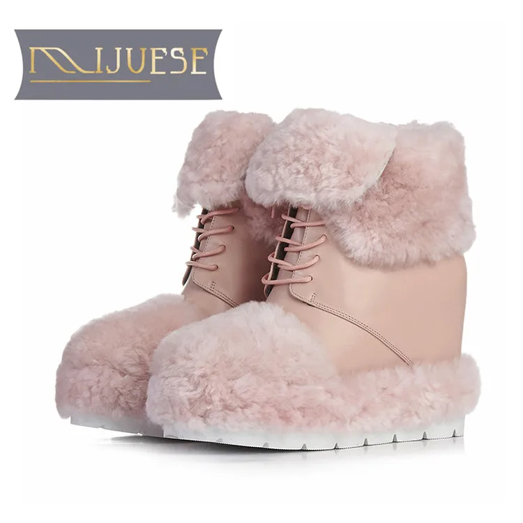

MLJUESE 2019 women Mid calf boots cow leather lace up winter wool short plush warm platform wedges women snow boots female boots
