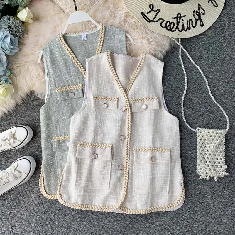 

NiceMix Vintage Women tweed Vest waistcoat 2019 Autumn New Single-breasted Pockets Vest colete Sleeveless Jacket Loose Casual Th