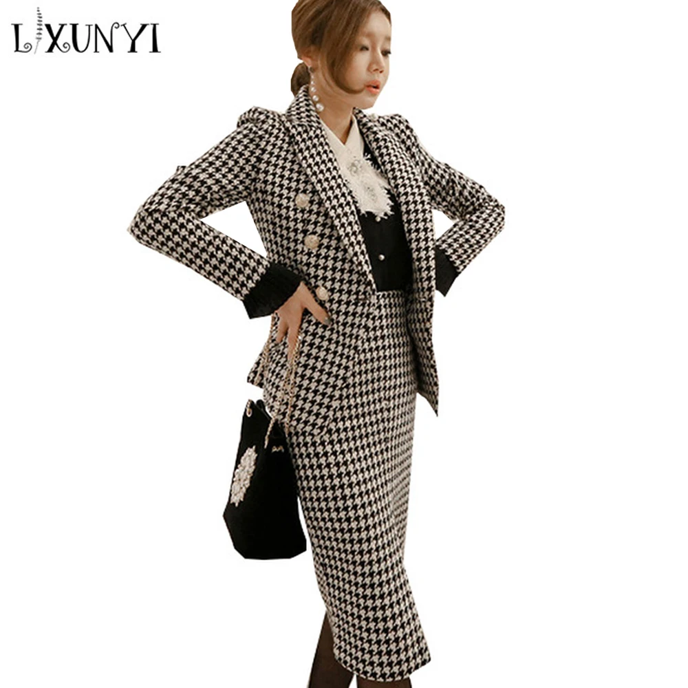 LXUNYI Fall Houndstooth Plaid Woolen Skirt Suit Office 2 Piece Sets Womens Outfits Jacket Blazer And Skirt Costume Office Wear