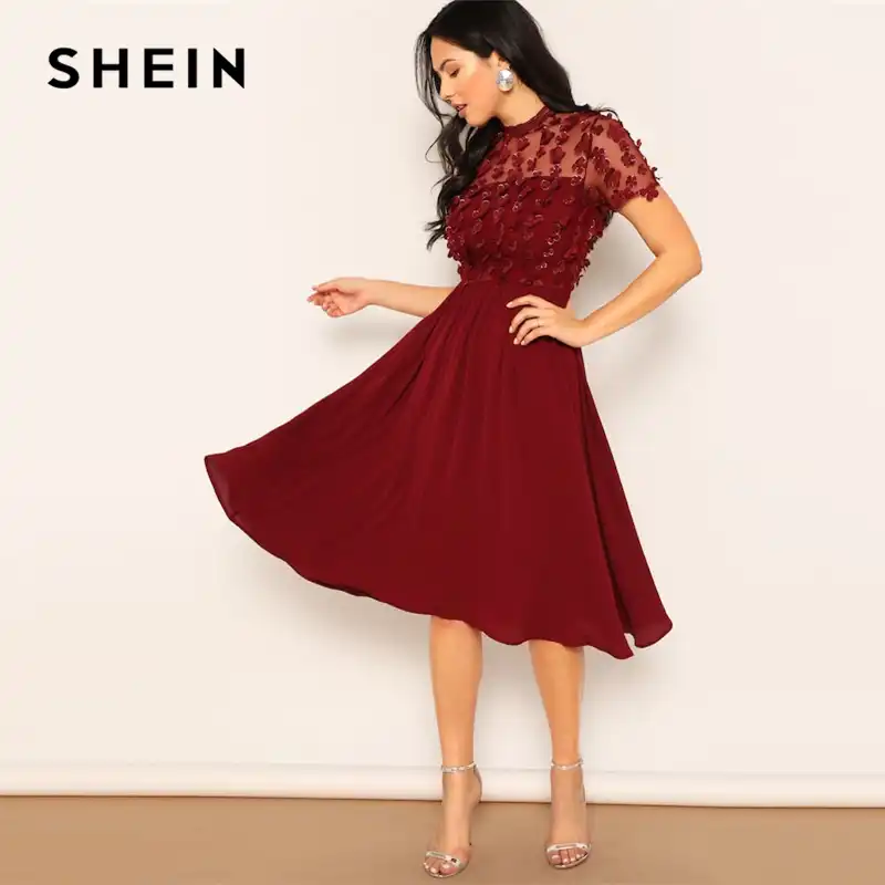 flower applique mesh panel flare midi dress