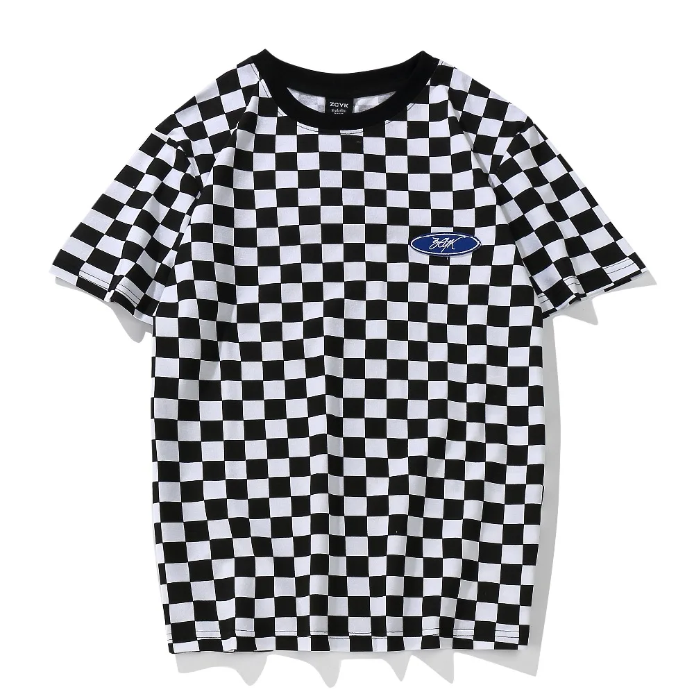 

2019 Plaid T Shirt Classic Black and White Lattice Basic Cotton O Neck Patchwork Embroidery Chess T-Shirt Geek Dark Souls