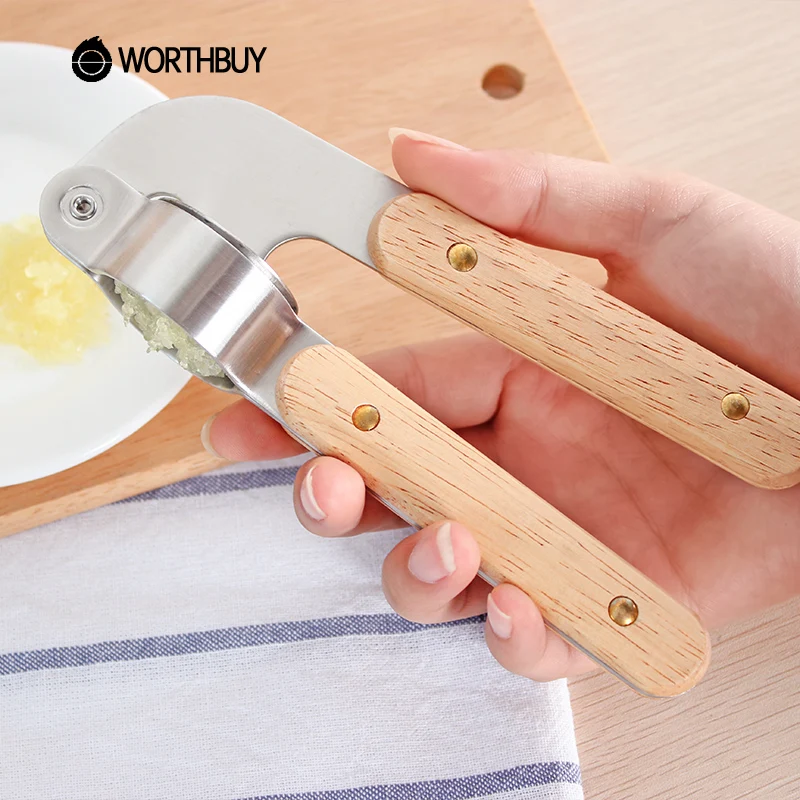 WORTHBUY 304 Stainless Steel Garlic Press With Wooden Handle Garlic