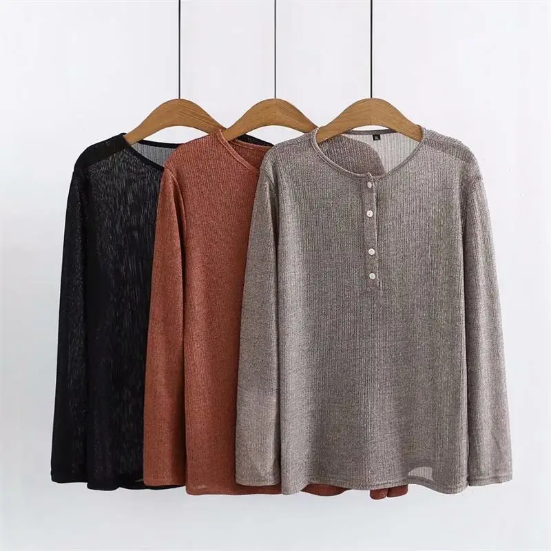 

Plus size O-Neck Long sleeves women t shirts 2018 Lurex t-shirt women tops black & gray & brown spring autumn tee shirt femme