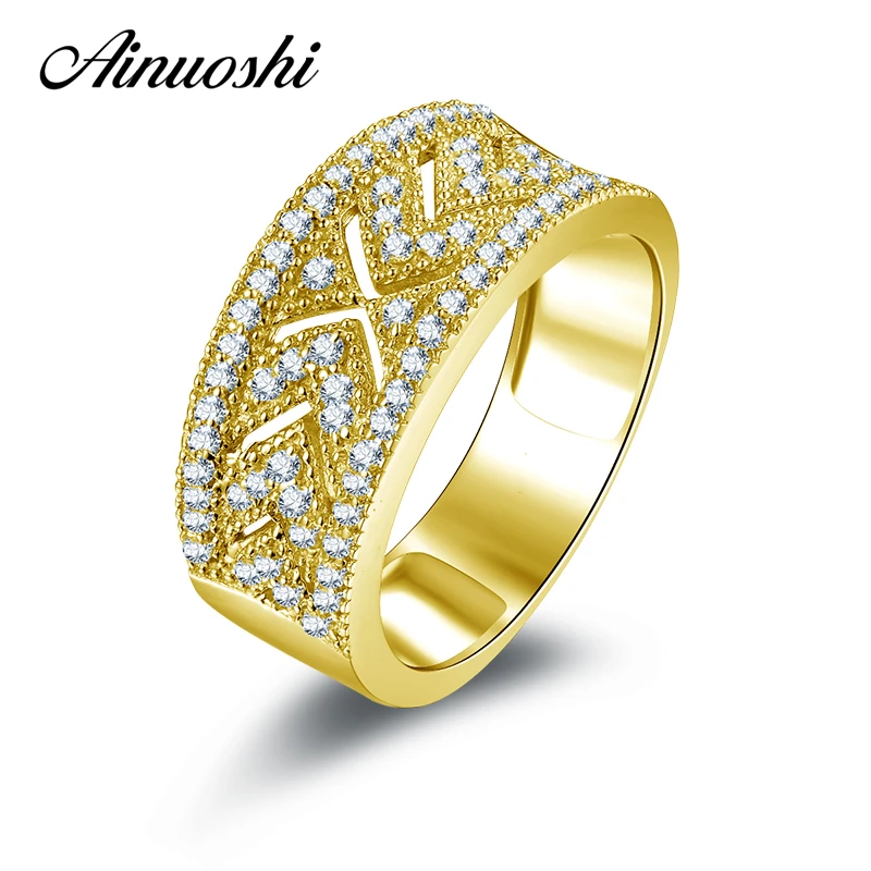 

AINUOSHI 10K Solid Yellow Gold Women Engagement Ring Sona Simulated Diamond Anillos Wide Hollow Design Wedding Rings for Women