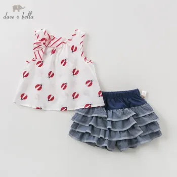 

DB11505 Dave bella summer baby girl clothing sets cute bow print children suits infant high quality clothes girls outfit