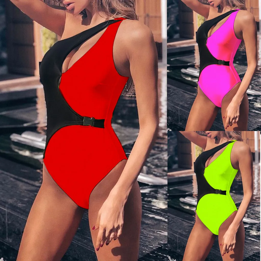 

Women Conjoined One-piece Belt Swimsuit Pure Color Patchwork Red Green Pink Irregularity Bikini Backless Pad Beach Bathing Suit