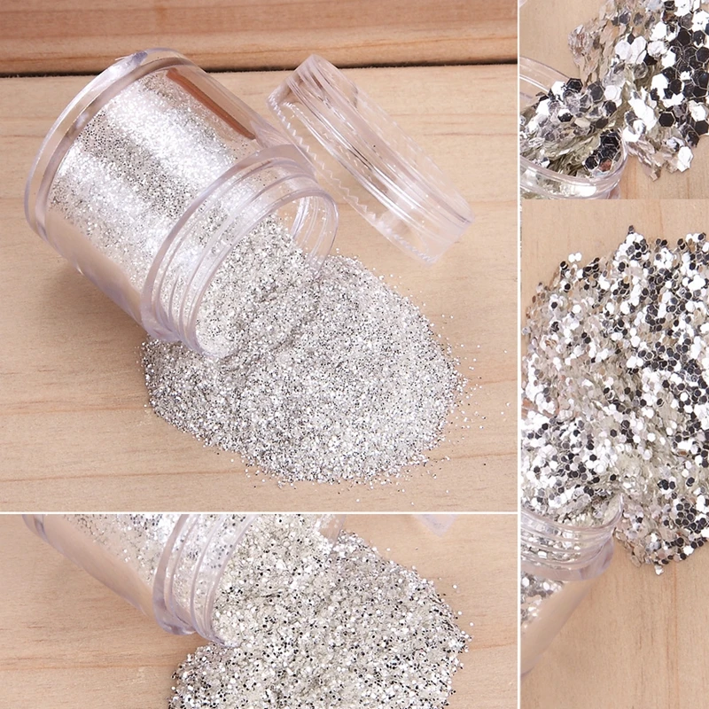 

Pure Silver Small Glitter Large Hexagon Sequins Nail Art Glitter Dust Shiny Decoration DIY Nail Design Tool 4 Size for choose