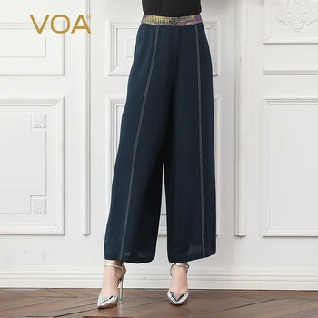 

VOA Heavy Silk Office Ladies Wide Leg Pants Autumn Long Trousers Women Basic Loose Palazzo Mid Waist Casual Navy Blue Pants K782