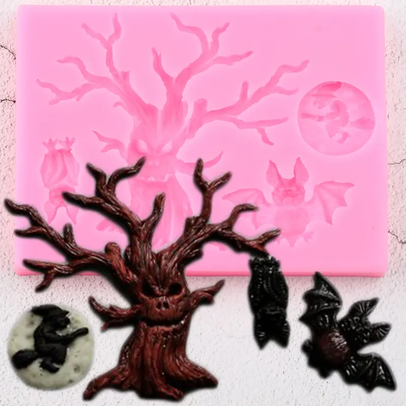 

3D Halloween Silicone Molds Tree Bat Owl Fondant Mold DIY Party Cake Decorating Tools Candy Fimo Clay Chocolate Gumpaste Moulds