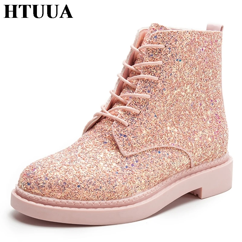 HTUUA Pink Sequins Glitter Ankle Boots for Women Casual Shoes Harajuku