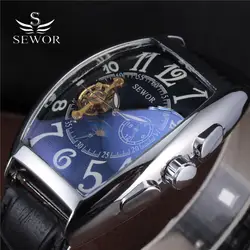 2016 SEWOR бренд часы классический кожаный ремешок защитный чехол Tourbillon Skeleton Для мужчин механические часы моды автоматические наручные часы