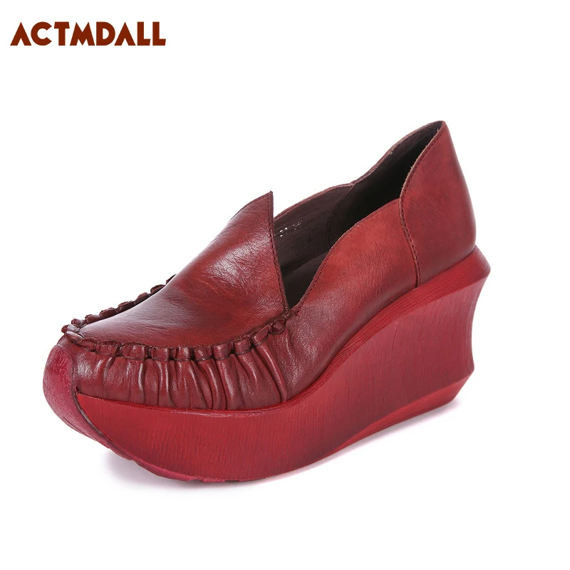 

2019 Original Genuine Leather High Heel Snearkers Patent leather Comfortable Women Casual Shoes Weges Thick Sole Actmdall