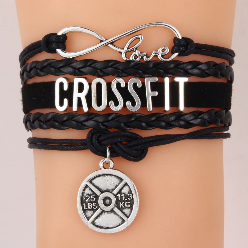 

Drop shipping Infinity Love CROSSFIT Bracelets Leather Wristband Handmade Bracelets & Bangles Barbell Charm Fitness Gift Jewelry