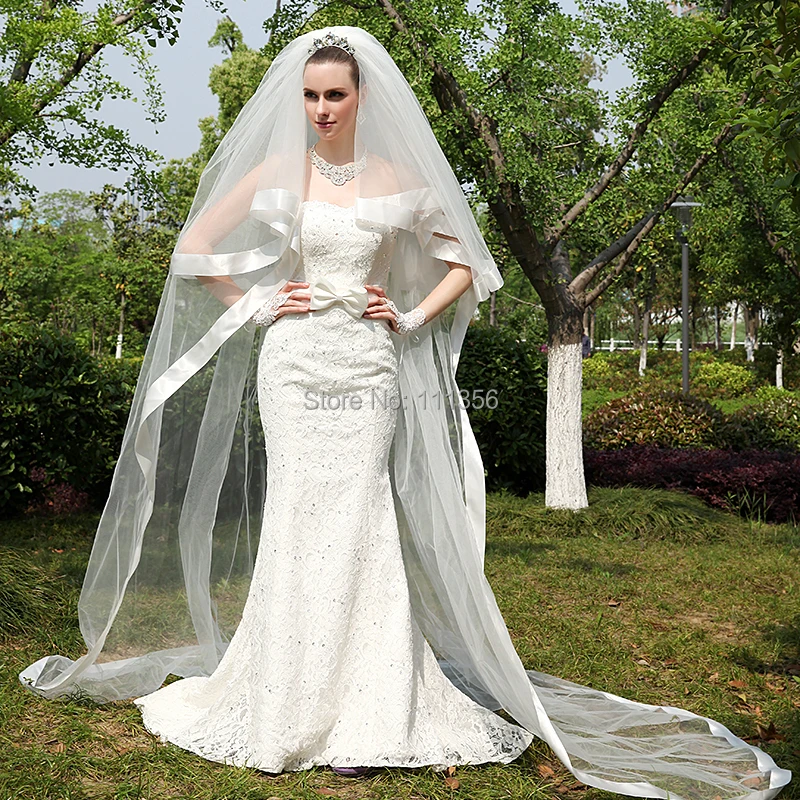 Белые Свадебные аксессуары Фата цвета слоновой кости 2 слоя ленты край для невесты, венчания в церкви вуали