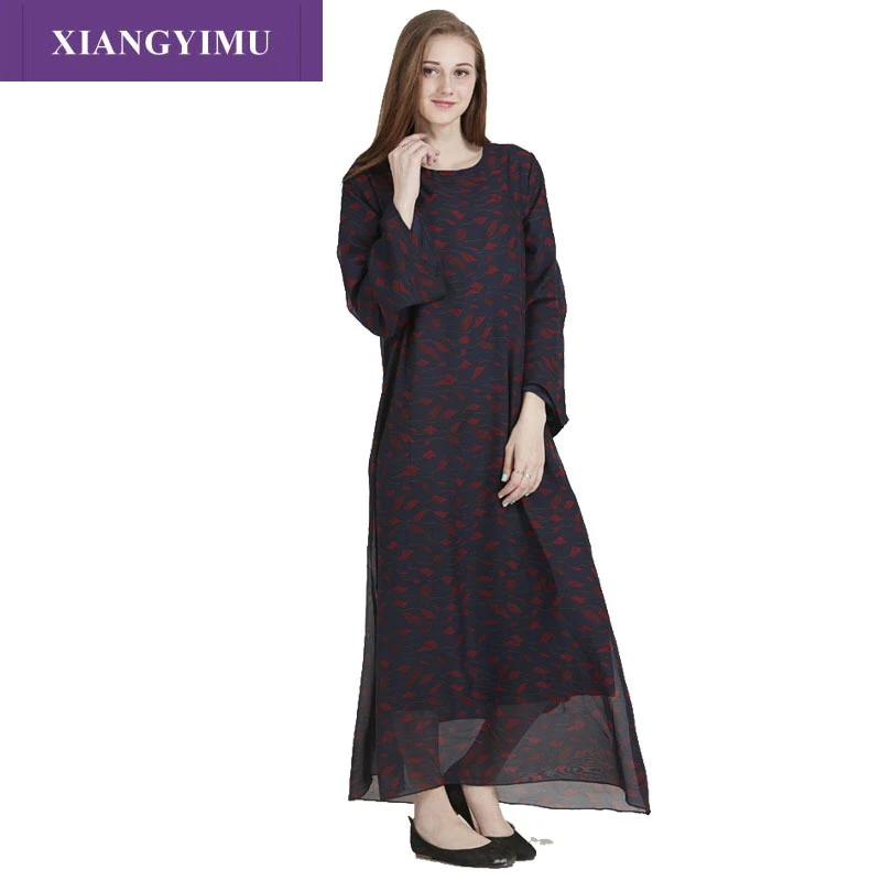 

F8818 XIANGYIMU Woman Chiffon Rose Floral Overlay Dress Female Vintage Long Sleeve