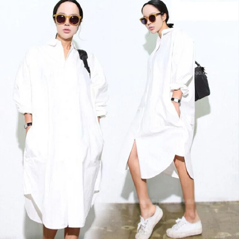 Cotton Blouses Dress Oversized Women Shirt White-Color Long Plus Straight Solid Brief