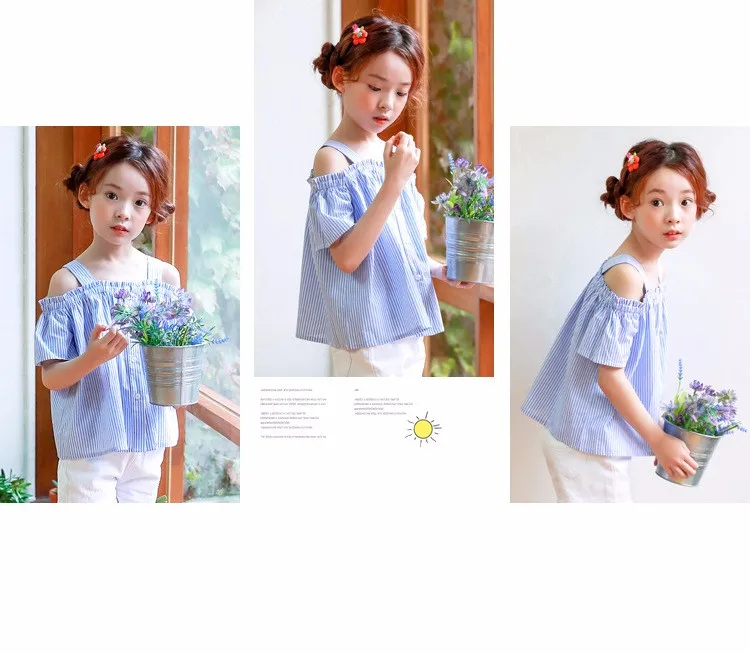 blue striped baby teenage girls shirts princess off shoulder loose cute teenage shirts Korean style spring summer autumn tops (28)