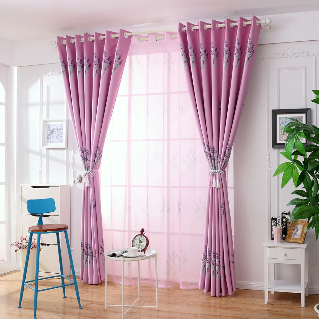 Romantic Lavender Flowers Printed Curtain Blackout Drop Curtain Panel